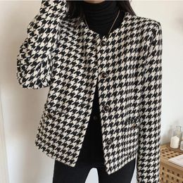 Women's Jackets 2023 FashionVintage Women Houndstooth Plaid Short Single-breasted Female Blazer Jacket Long Sleeve Pockets Coats