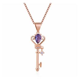 Pendant Necklaces Creative Exquisite Colorf Treasure Sweater Chain Key Sier Plated 18K Rose Gold Necklace Pink Crystal Amethyst Topa Dhm4C