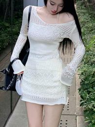 Casual Dresses 2023 Winter Autumn Hollow Out Long Sleeve Knited Sweater Short Dress Women Korean Fashion Solid 2 Pcs Set Clothes