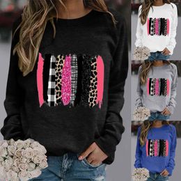 Women's Hoodies Womens Cute Print Pattern Casual Loose Round Neck Top With Solid Color Long Sleeve Leopard Sweatershirt