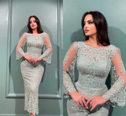 Sage Green Sheath Mothers Dresses Sheer Long Sleeve Appliques Jewel Neck Ankle Length Cocktail Prom Evening Gowns Custom Made BC14988