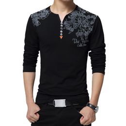 Men's T-Shirts Autumn Fashion Floral Print Men T-shirt Henry Collar Button Decorate Long Sleeve T-shirt for Men Tops Plus Size 5XL 230204