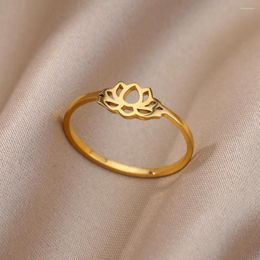 Wedding Rings Hollow Lotus Flower For Women Gold Color Stainless Steel Engagement Ring Female Jewelry Girlfriend Birthday Gift