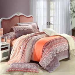 Bedding Sets Cotton Bed Linen Super Soft Bedclothes Bedcover Cool Four Seasons Orange Plaid Duvet Cover Comforter Lace