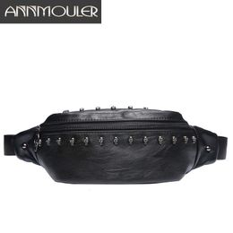 Waist Bags Annmouler Fashion Unisex Pack Pu Leather Skull Chest Black Shoulder Phone Pouch Large Men Women Fanny Bum 230204