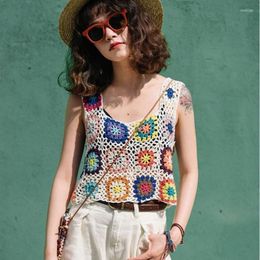 Women's T Shirts Y2k Fashion Women's T-shirt Summer Camis Sleeveless Tops Colourful Hand Crochet Embroidery Openwork Knit Tank Streetwear