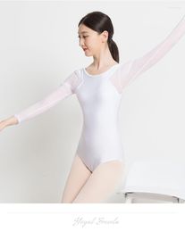 Stage Wear White/Black Ballet Leotard Adult Dance Practise Suit With Long Mesh Sleeves Gymnastics Bodysuit For Women Costumes W22321