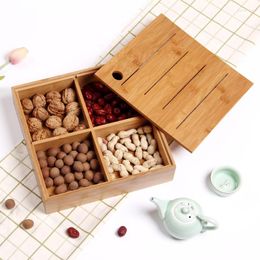 Plates Multifunctional Bamboo Candy Box Dried Fruit Plate With Cover Solid Wood Portioned Compartments Snack Case