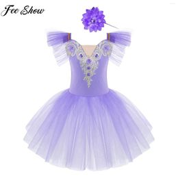 Stage Wear Children Girls Ballet Dance Dress Ballerina Performance Dancewear Flying Sleeve Lace Flower Mesh Leotard Tutu With Headdress