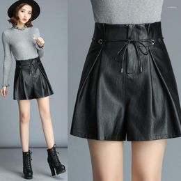 Women's Shorts Fall Spring Fashion Women's High Waisted Wide Leg Pleated Black Pu Leather Autumn Winter Female Woman Casual 5xl