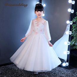 Girl Dresses White Princess Long Sleeve Flowers Dress Kids Pageant Evening Gowns First Communion For Girls Prom