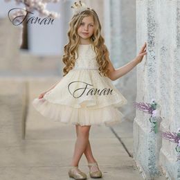 Girl Dresses Simple Scoop Neck Mini Flower Ivory White Tulle A-Line Birthday Party With Pearsl Belt For Kid Robe Mariage Bleu