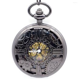 Pocket Watches Machine Wheel Gear Mechanical Watch Roman Numerals Skeleton Black Dial Pocket&Fob With Fob Chain PJX1342