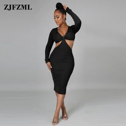 Casual Dresses Simplicity Solid Women's Skinny Midi Dress Sexy Deep V Neck Long Sleeve Ribbed Sheath Elegance Waist Band Cut Out Robe