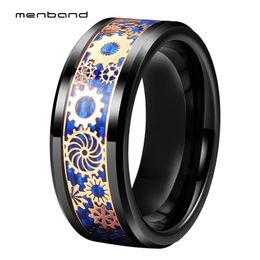 Wedding Rings Black Men Ring Tungsten Band With Rose Mechanical Gear Wheel And Blue Carbon Fibre Inlay Bevelled Edges Comfort Fit