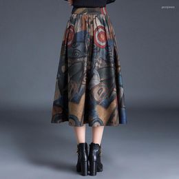 Skirts Women 2023 Autumn Winter Midi Long Printed Wool Female Loose A-line Ladies High Waist Woollen Z111