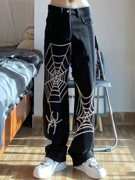 Women's Pants Capris Spider Web Embroidery Woman Jeans High Street Harajuku Vintage Streetwear High Waisted Jeans Loose Straight Wide Leg Y2k Pants 230203