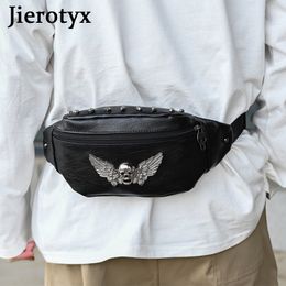 Waist Bags JIEROTYX Vintage Skull Rivet Fanny Pack for Women Luxury Designer Leather Should Pouch Wait Brown 230204