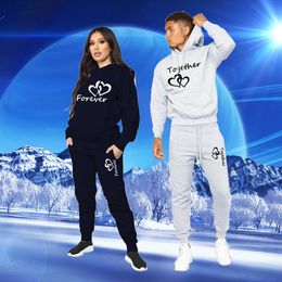 Men's Tracksuits Fashion Couple Sportwear Set Together and Forever Printed Hooded Suits 2PCS Set Hoodie and Pants S-4XL 230204