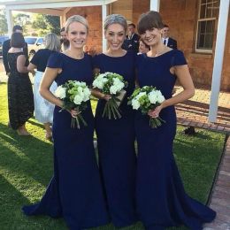 2023 Navy Blue Bridesmaid Dresses Scoop Neck Mermaid Floor Length Cap Sleeves Ruched Custom Made Plus Size Maid of Honor Gowns