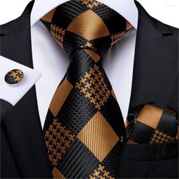 Bow Ties Fashion Men Tie Gold Black Plaid Silk Wedding For Hanky Cufflink Set DiBanGu Novelty Design Business MJ-7328