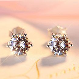 Stud Earrings Authentic 925 Sterling Silver Earring Simple Six-claw Flower Crystal For Women Wedding Party Jewelry Gift