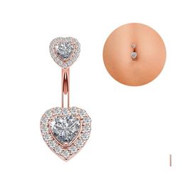 Navel Bell Button Rings Body Jewellery Single Piece Stainless Steel Belly Ring Diamond Zircon Double Heart Rose Gold Sexy Women Girl Dhpfm