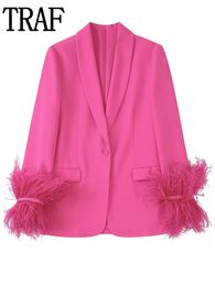 Women's Suits Blazers TRAF Pink Feather Blazer Woman Long Sleeve Blazer Sets Stylish Button Women's Blazer Suits Autumn Jacket Blazers Women 230203