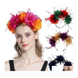 Headbands Colorf Flower Feather Headband With Beads Festival Halloween Party Fashion Hair Band Hoop Performance Accessories Drop Del Dhcna