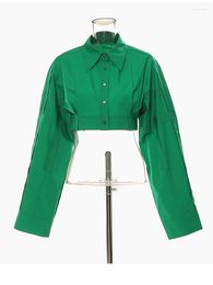 Women's Blouses Women Green Shaped Big Size Short Blouse Lapel Long Sleeve Loose Fit Shirt Fashion Tide Spring Autumn 2023 C831