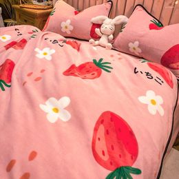 Bedding Sets Cute Cartoon Print Korean Style 4pc Set For Girls Soft Milk Velet Duvet/quilt Cover With Zipper Fitted / Flat Sheet