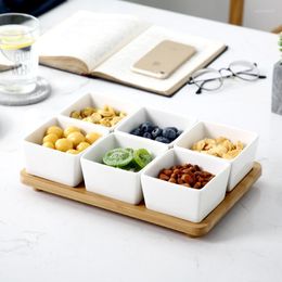 Plates Ceramic DIY Separate Square Dish Dry Fruits Dessert With Bamboo Tray Nut Salad Bowl Set Home Container Saucer