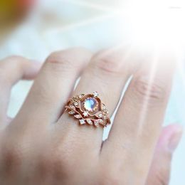 Wedding Rings Bands For Women Fashion Rose Gold Colour Leaf Shape Set With Moonstone Engagement Ring Party Jewellery