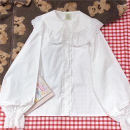 Women's Blouses Autumn Japanese Mori Girl White Blouse Cute Doll Collar Student Shirts Women's Bear Hollow Lace Long Sleeve JK Uniform