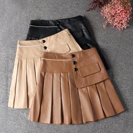 Skirts Genuie Leather Skirt Women 2023 Spring South Korean Fashion High Waist Buttons Pleated Jupe Female Black/brown Sexy Mini Faldas