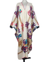 Ethnic Clothing Oversized Traditional African Printed Noble Summer Beach V-Neck Silk Loose Women's Kaftan Dress Muslim Casual Boho Abaya