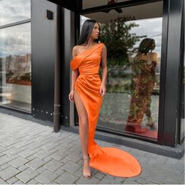 Sexy Orange Long Prom Dresses Pleats Satin One Shoulder High Slit Maxi Women Occasion Party Formal Gowns For Prom