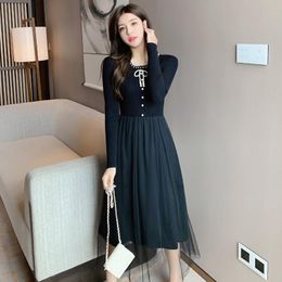 Casual Dresses Shooting Autumn And Winter 2023 French Temperament Nail Bead Bow Mid Long Sleeve Mesh Stitching Knitted Dress