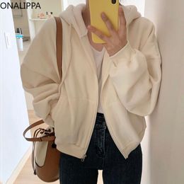 Women's Hoodies & Sweatshirts ONALIPPA Casual Hoodie Women Korean Fashion Autumn Simple Versatile Loose Double Pocket Zipper Cardigan Long-s