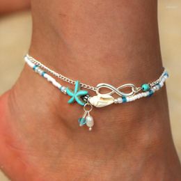 Anklets Bohemian Multiple Layers Starfish Blue Stone Beads For Women Vintage Boho Shell Chain Anklet Bracelet Beach Jewelry