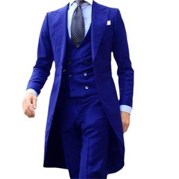 Men's Suits & Blazers Royal Blue Formal Men 3 Piece Long Tail Coat Waistcoat With Pants Peaked Lapel Custom Made Male Fashion Costume