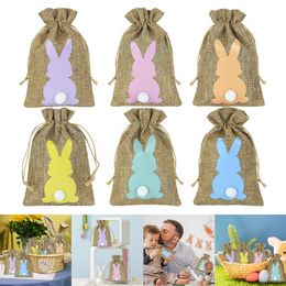 24pcs/Lot Easter Bunny Burlap Candy Bags with Drawstring Rabbit Linen Storage Bags Easter Party Favors Decoration Gift Packaging Bag ss0204