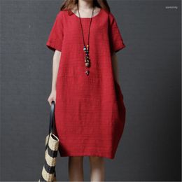 Party Dresses Large Size Women Fashion Dress Summer Boho Loose Cotton Linen Retro Round Neck Short Sleeve Beach For Female