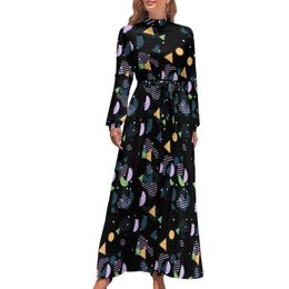 Повседневные платья бедренное геометрическое платье с длинным рукавом Современное абстрактное принт элегантный макси -высокий уровень талии на улице Boho Beach Birthday Giftcual