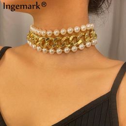 Pendant Necklaces Punk Miami Cuban Chunky Chain Necklace Bridal Collares Statement Multilayer White Imitation Pearl Choker Women JewelryPend