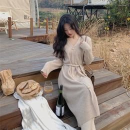 Casual Dresses Bandage Button V-Neck Long Sleeve Female Thick Loose Sweater Korean Elegance Autumn Winter Women