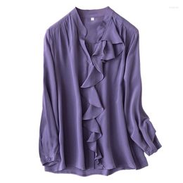 Women's Blouses Natural Silk V Neck Purple Long Sleeve Real Blouse Tops With Ruffles For Women Office Wear Shirts Work