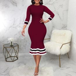 Casual Dresses 2023 Recommend Style Striped Patchwork Long Sleeve Sheath Knee Length For Women Evening Party Elegant Robe