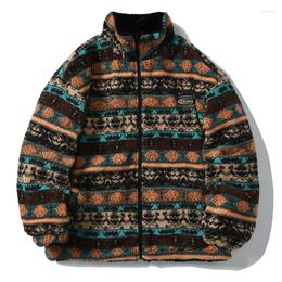 Men's Jackets Winter Men Reversible Jacket Vintage Graphic Harajuku Lambswool Streetwear Hip Hop Fashion Warm Fleece Plush Coats Y2k