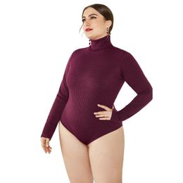 Women's Jumpsuits & Rompers Plus Size 5XL 2023 Autumn Women Ladies Bodysuit Long Sleeve Turtleneck Slim Sexy Knitted Ribbed Romper Top F42FW